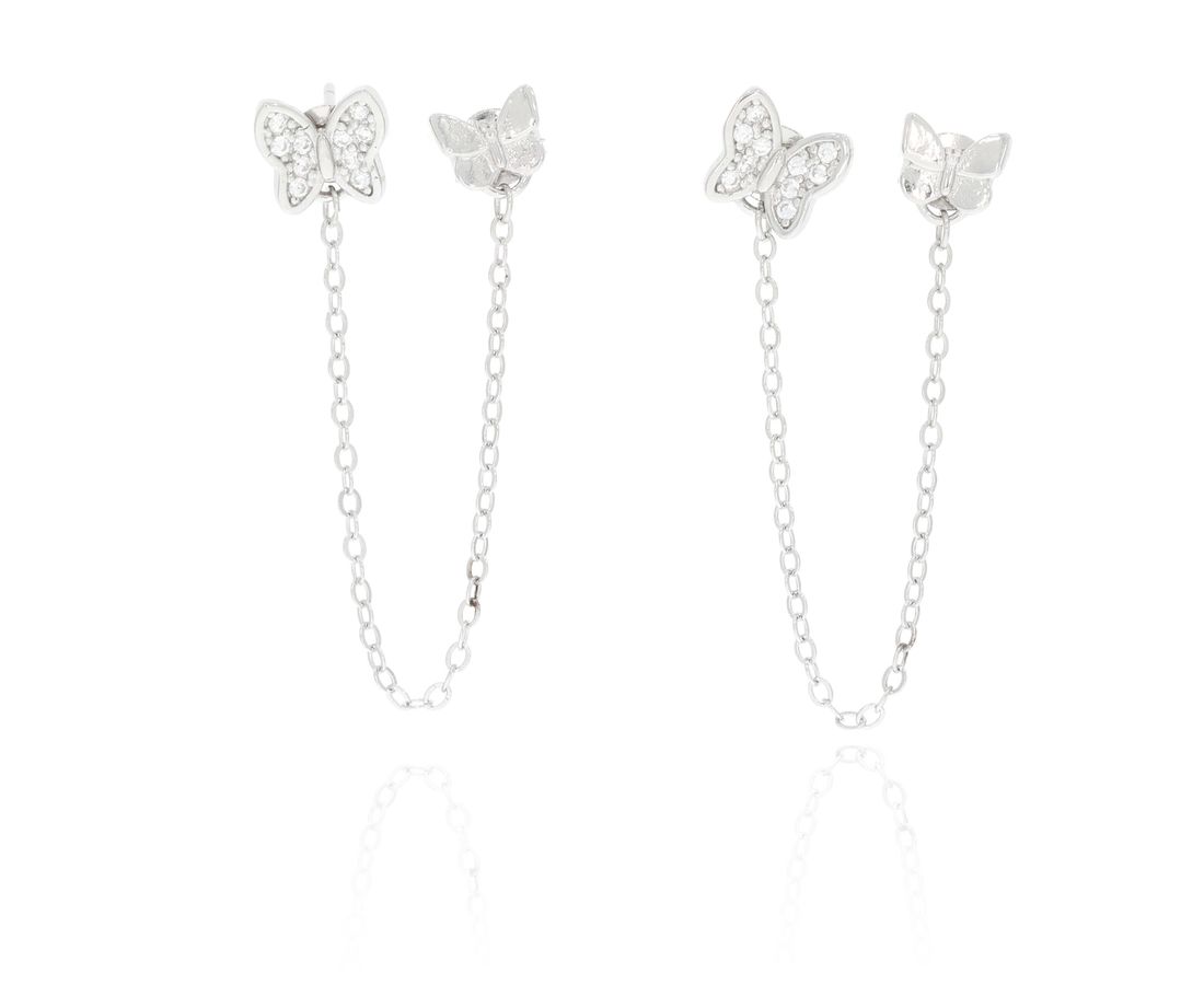 עגיל כסף 2 חורים נופל פרפר