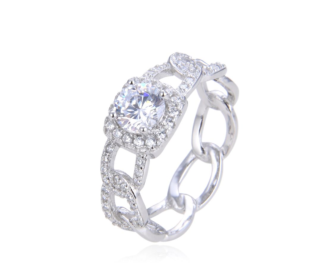 טבעת חוליות משובצת עם אבן מרכזית מרובעת